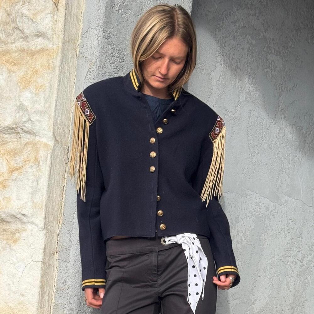 Double D Ranch L Wool Navy Jacket with Beaded Epaulettes & Leather Fringe